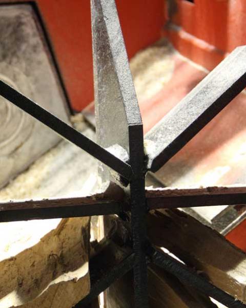 where it is cut to length and pushed through an 8 way splitter.